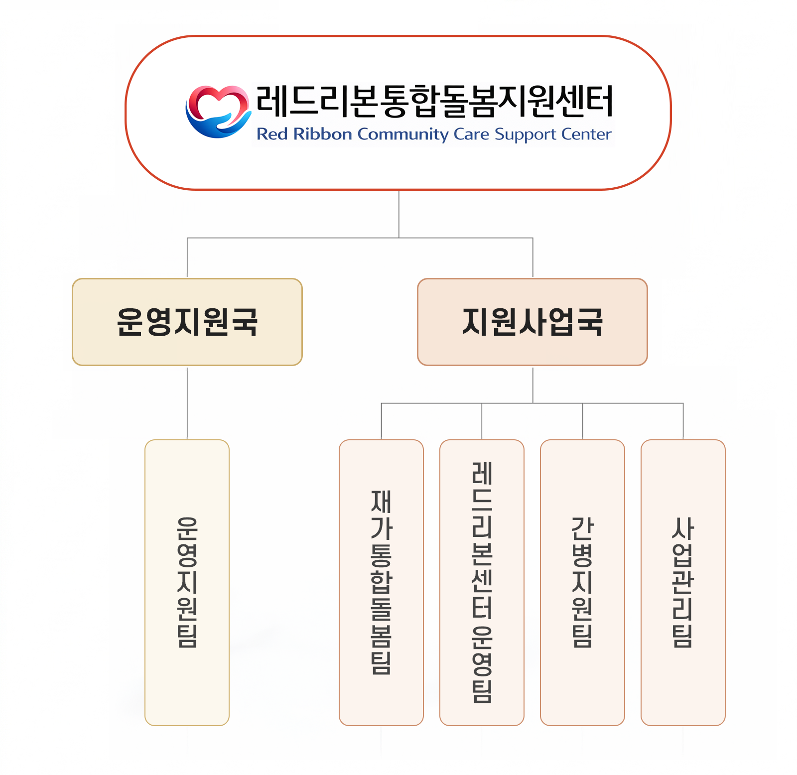 레드리본 통합돌봄지원센터 조직도. 레드리본 통합돌봄지원센터가 있으며, 센터 하부에 운영지원국과 지원사업국이 배치되어 있습니다.